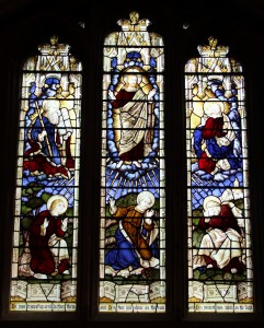 Peter, James and John are shown at the Mount of Transfiguration along with Jesus, Moses and Elijah. This beautiful stained glass window depicting the Transfiguration of Our Lord in St. Nicholas church