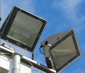 Close up of the installed pole mounted floodlight guards